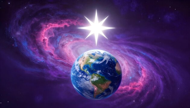 Bright star shines above planet Earth in a vibrant purple and pink nebula