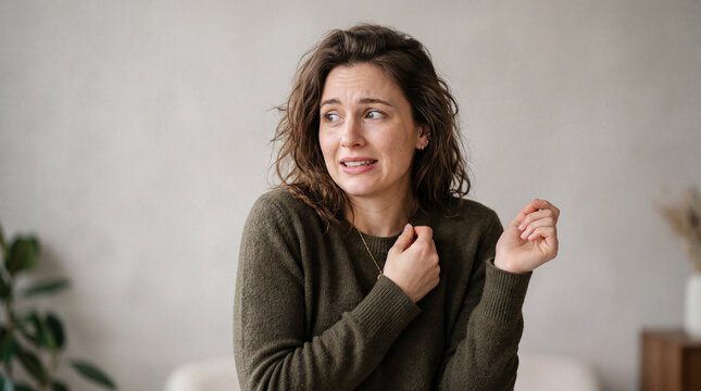 Woman with worried eyes and a nervous expression at home, feeling a wave of apprehension during a quiet moment