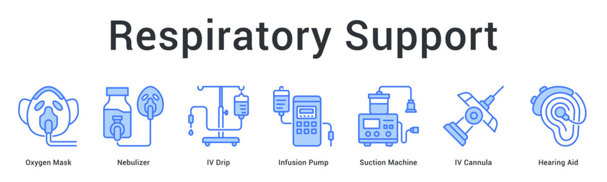 Respiratory support banner web icon provides breathing assistance and airway management for patient respiratory care.