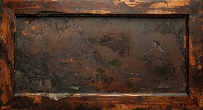 Worn vintage frame exhibiting detailed textures contrasted with dark brown setting