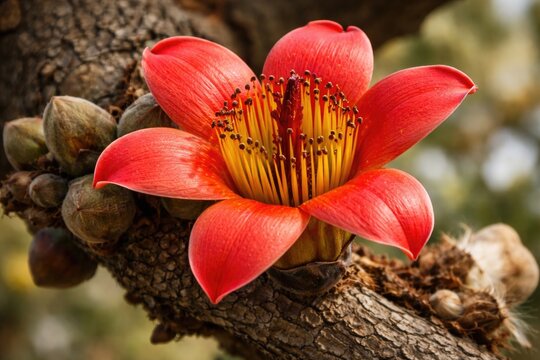 Close up of Bombax ceiba flower with detailed silk cotton tree textures