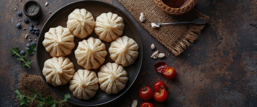 Top down view of frozen khinkali stuffed with meat placed on rustic table with copyspace