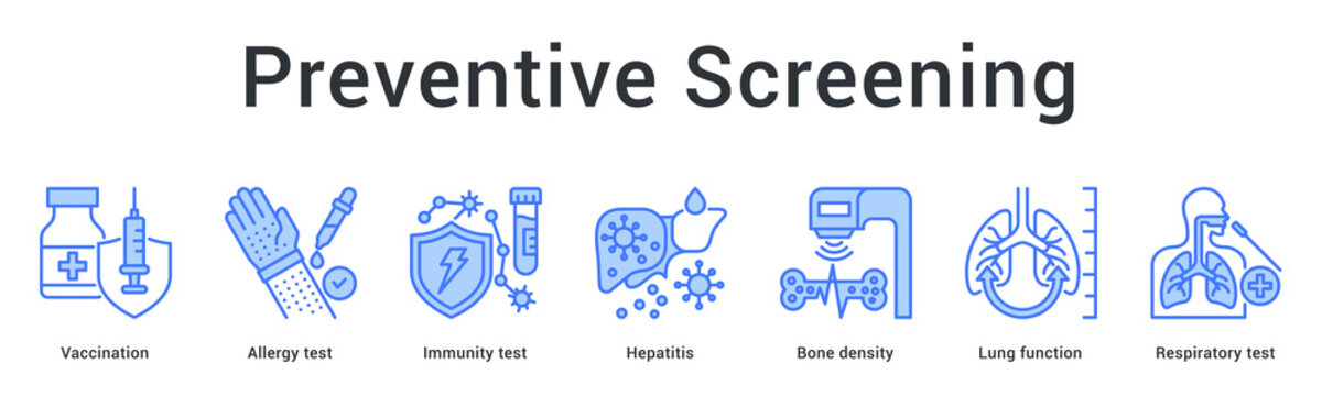Preventive screening banner web icon provides immunization and testing for disease prevention and early detection.