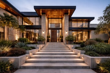 Fototapeta premium Contemporary house entrance featuring wide stone stairs and an extensive facade