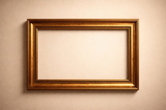 Elegant gold rectangle picture frame with wood texture and amber highlights on beige background