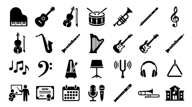Collection of musical instruments and symbols icons representing music education and performance