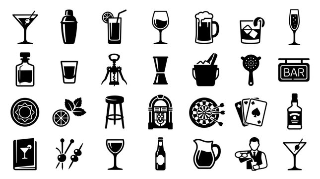 Collection of Bar and Drinks Icons Representing Nightlife and Entertainment