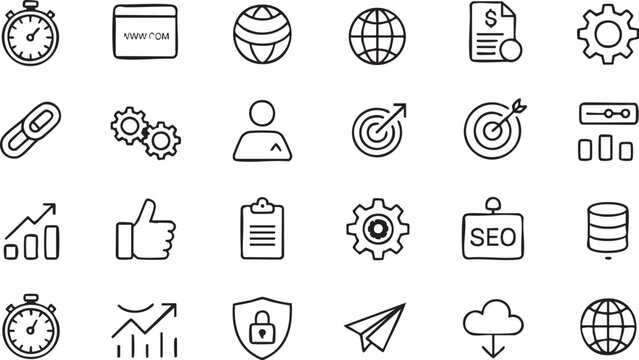 Analytics and search optimization outline icons for business performance
