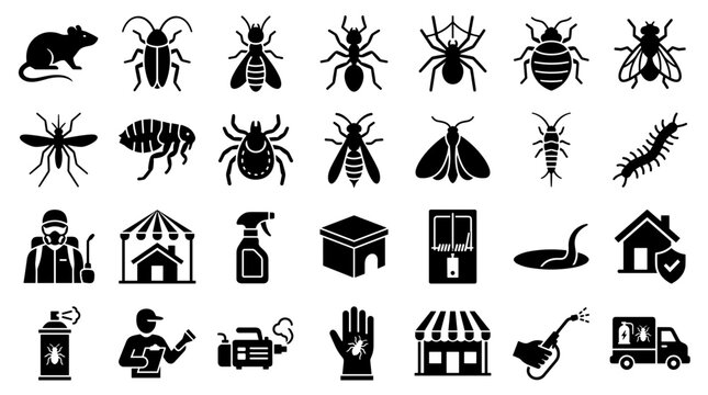 Pest Control Service Icons Set Showing Extermination Methods And Common Pests For Home And Business Protection