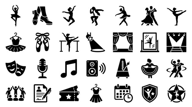 Collection of icons representing performing arts dance music theater and entertainment events symbols