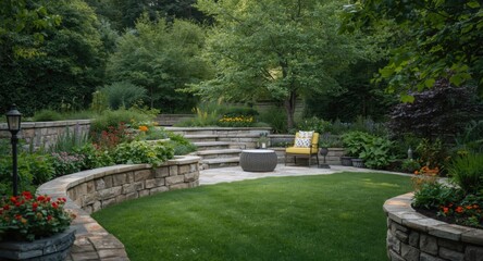 Summer backyard oasis with stone retaining walls and lush flowering plants in a structured garden