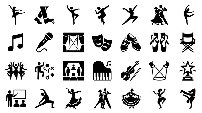 Collection of performing arts and entertainment icons representing dance music theater and sports activities