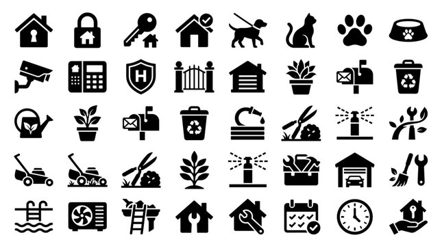 Collection of home maintenance and security icons representing property care and services