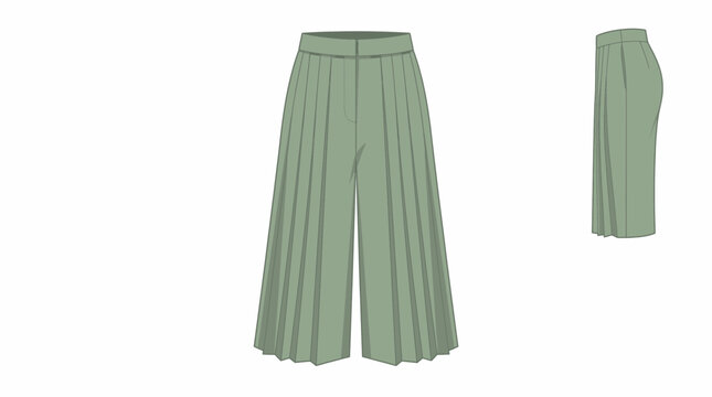 Fashion illustration of wide-leg pleated culottes in a soft sage green color, shown from the front and side.
