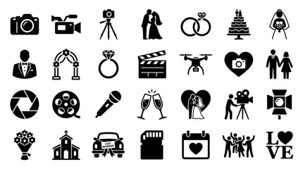 Obraz premium Collection of wedding and event icons representing photography, ceremony, celebration, and technology for event planning and design