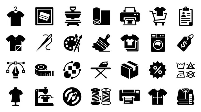 Collection of Icons Representing Textile Manufacturing and Clothing Design Processes