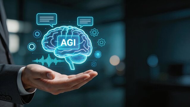 Businessman holding a glowing blue hologram of a brain with AGI text symbolizing artificial general intelligence future technology neural networks machine learning digital
