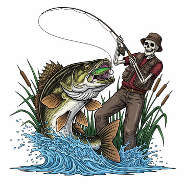 Skeleton fisherman catching big walleye fish in the river