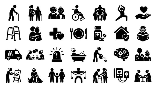 Senior Care Icons Representing Health, Support, and Active Aging Lifestyles