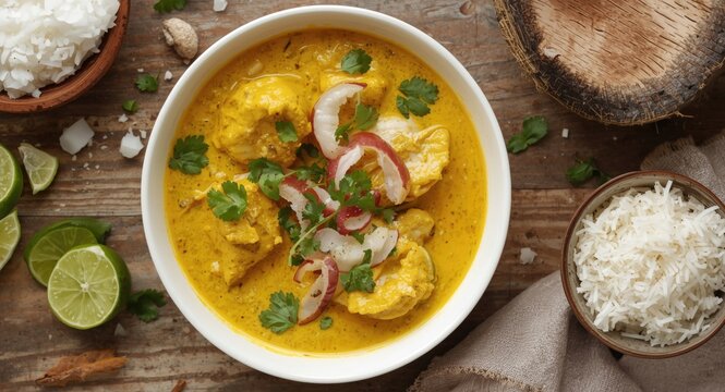 yellow turmeric fish curry with sour gambooge in a creamy coconut base