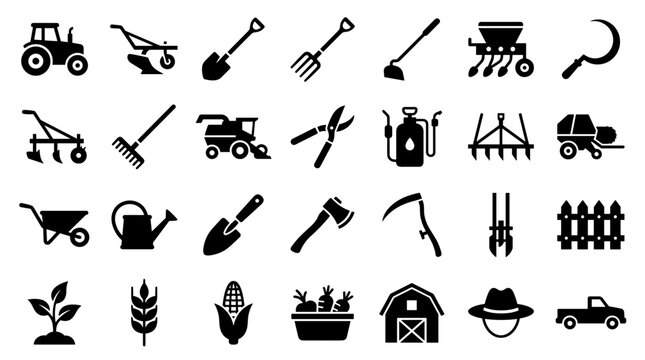 Collection of farm equipment and tools icons representing agriculture and farming industry