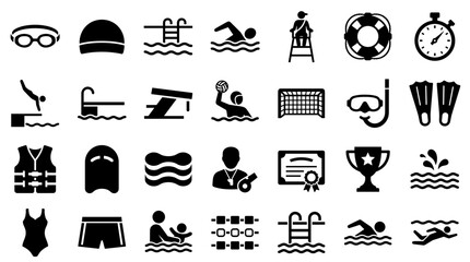Collection of swimming and water sports icons representing various aquatic activities and equipment for pool and open water fun © Iconique Studio