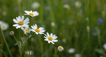 Fototapeta premium White flower marguerite style blooms enhancing a peaceful meadow background with copy space