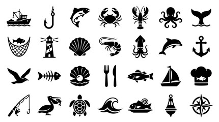Collection of Nautical and Seafood Icons Representing Ocean Life Fishing and Cuisine © Iconique Studio