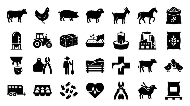 Farm Animals Livestock Agriculture Icons Set Vector Graphic Collection Livestock Farming Equipment Silo Tractor Barn Poultry Horse Pig Cow Sheep Goat