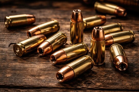 assortment of 9mm hollow point bullets displayed on a weathered wooden table for creative design