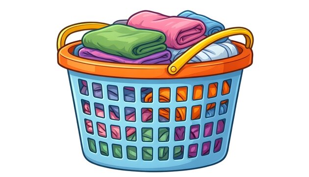 Cartoon laundry basket filled with colorful folded clothes and towels on a white background
