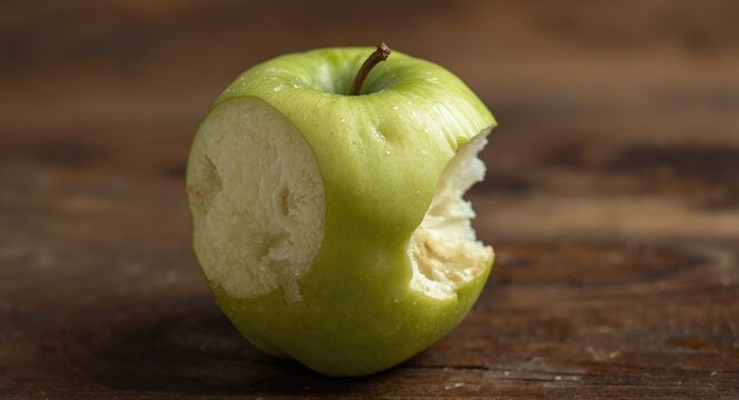 Partially consumed green apple with bite marks