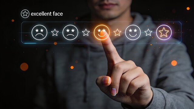 Man selecting excellent face rating on futuristic digital interface customer satisfaction concept glowing neon icons technology feedback user experience modern design positive