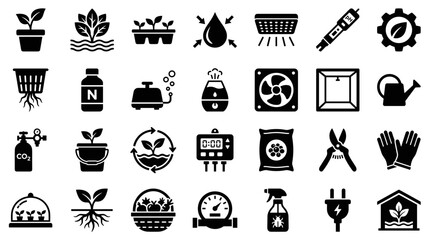 Fototapeta premium Hydroponic Gardening Icons Set Growing Plants Equipment Supplies and Tools for Indoor Farming and Agriculture