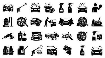 Car Wash Icons Set Collection Of Automotive Cleaning And Detailing Services Symbols And Equipment © Iconique Studio