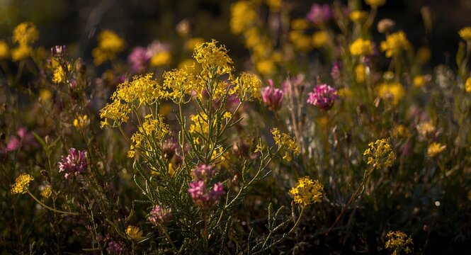 Yellow Dillwynia and pink Boronia wildflowers illuminated on native sandstone heath