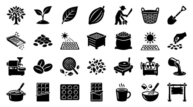 Cocoa bean to chocolate bar production process icons set
