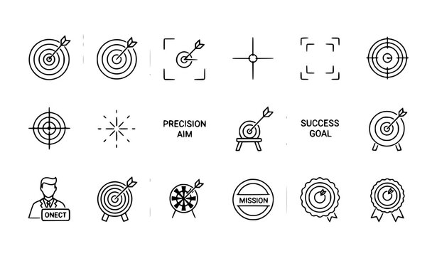 Target and goal achievement line icon set with editable stroke for mission success focus and precision concepts