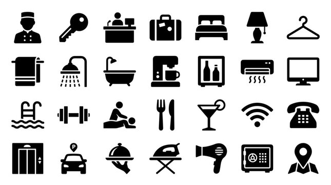 Hotel Icons Collection: Amenities and Services for Hospitality Industry and Travel Planning