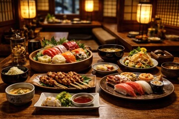 Fototapeta premium Traditional Japanese cuisine served in authentic restaurant setting