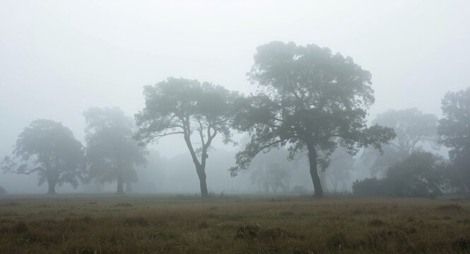 Fog enveloped landscape with hurricane driven winds bending tall trees