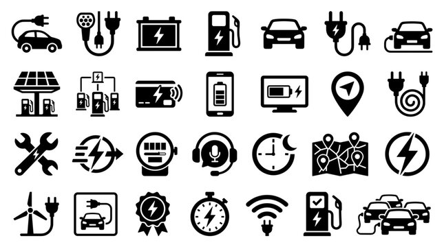 Electric Vehicle Charging and Technology Icons Set EV Transportation Energy Solutions Sustainable Mobility