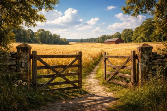 Rustic Farm Gate Opening to Vibrant Grain Field on Sunny Summer Day