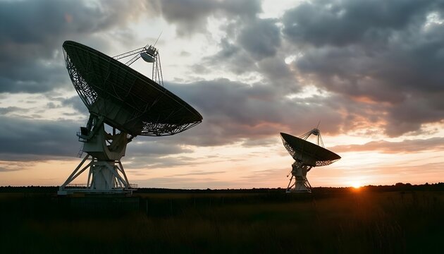 Two large radio telescopes silhouetted against a dramatic sunset sky with clouds