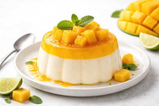 Tasty Italian panna cotta dessert topped with mango jelly and fresh mango slices on a white backdrop with copy space