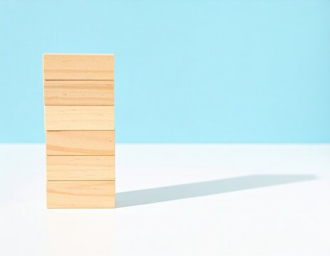 Sechs hellbraune Holzkl&ouml;tze bilden einen stabilen, vertikalen Stapel auf einer wei&szlig;en Fl&auml;che vor hellblauem Hintergrund mit langem Schatten.