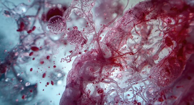 Tissue under microscope displaying healthy cells during mitosis with copyspace