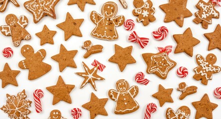 Fototapeta premium Assorted gingerbread cookie shapes including angels stars and candy on white background