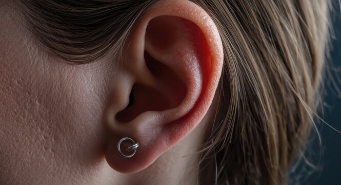 Close examination of ear cartilage featuring both conch and helix piercings