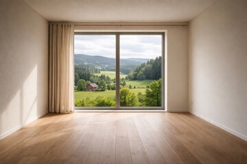 Fototapeta premium Scandinavian styled empty room with window view of green countryside